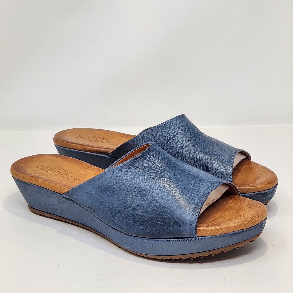 Sesto Meucci Blue Leather Wedge Slide Mule Sandal Women Size 9.5 M Open Toe